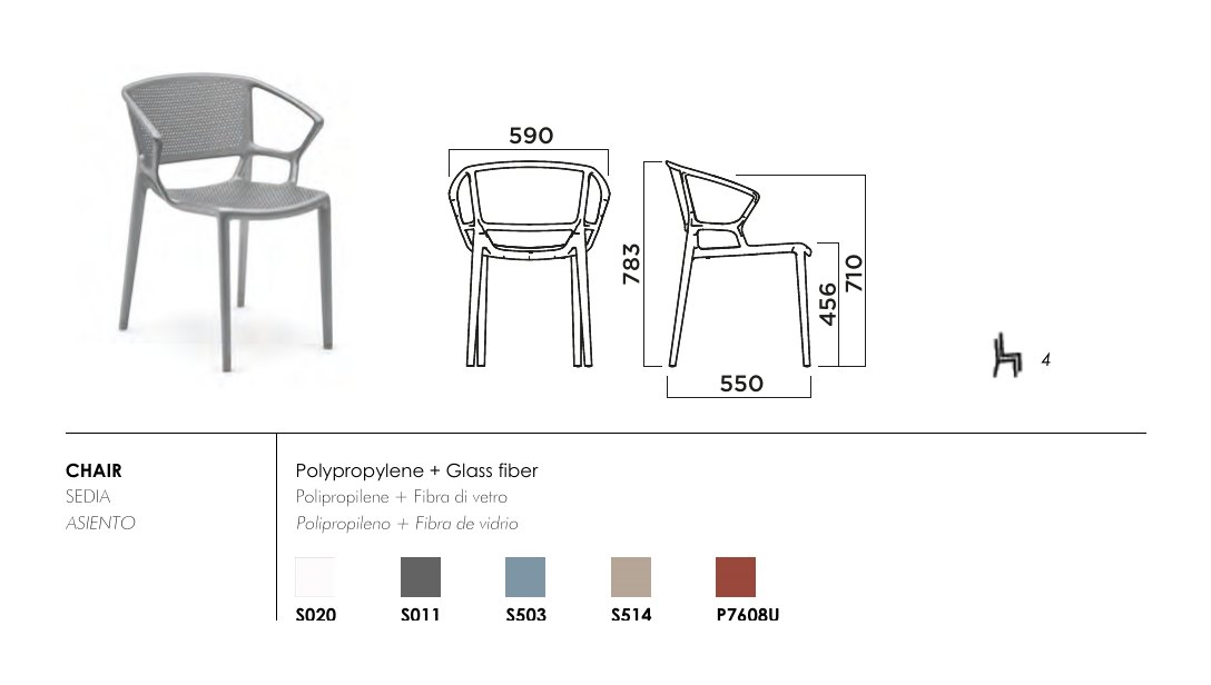 Fiorellina Perforated Seat and Back with Arms — dimensions & frame colours