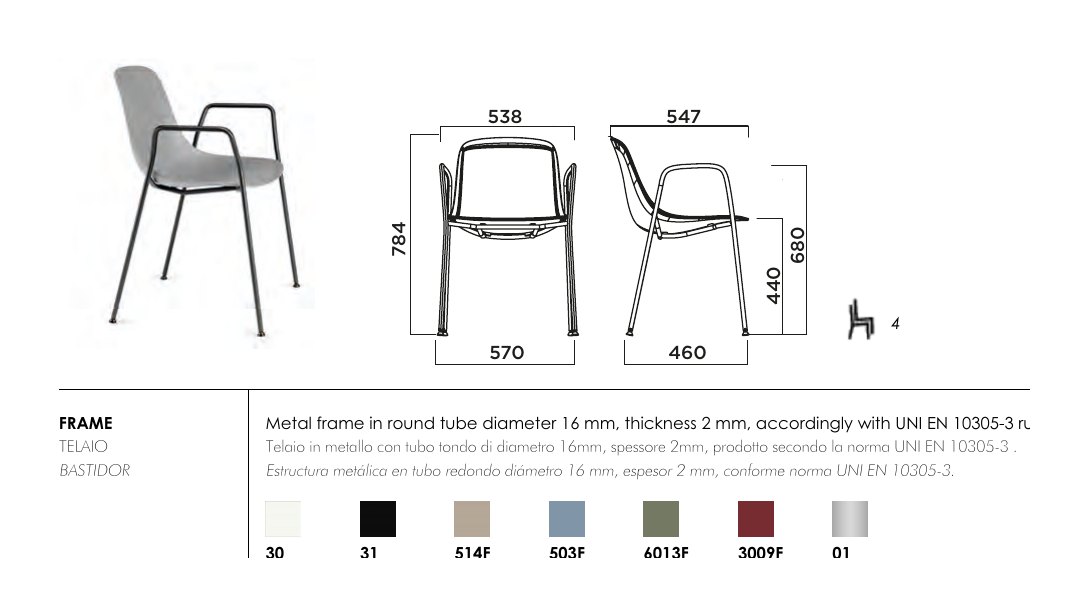 Pure Loop mono 4 legs with arms — dimensions & frame colours