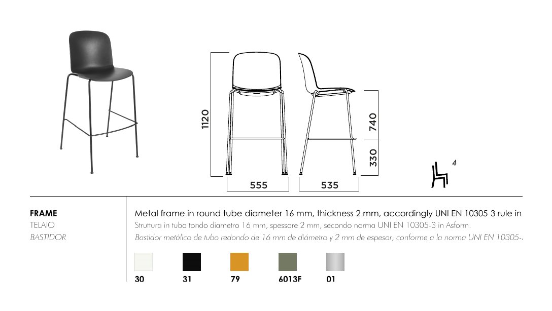 Relief 4 legs bar stool — dimensions & frame colours
